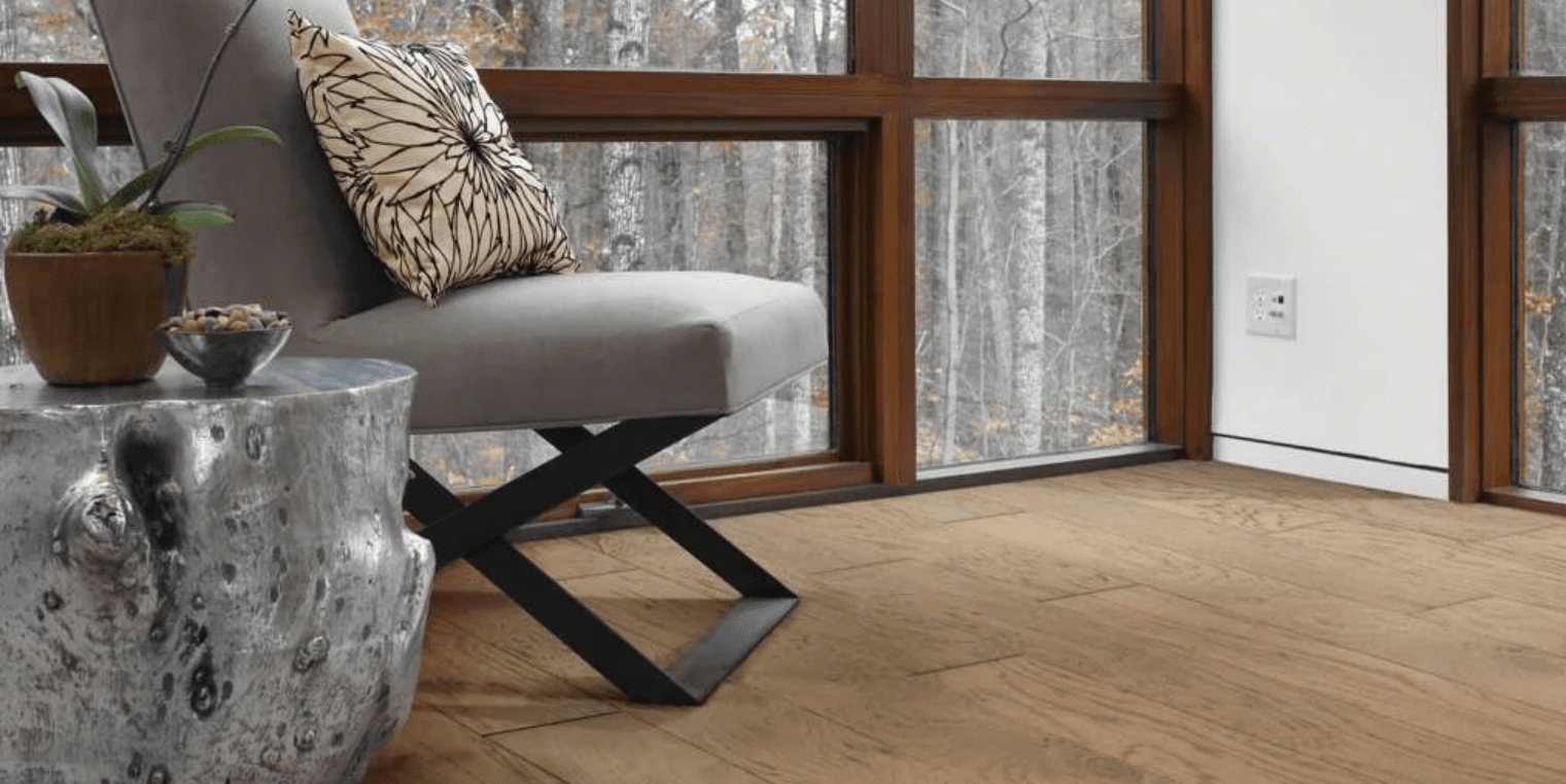 Engineered hickory floor showing pronounced plank-to-plank variation in tone and grain